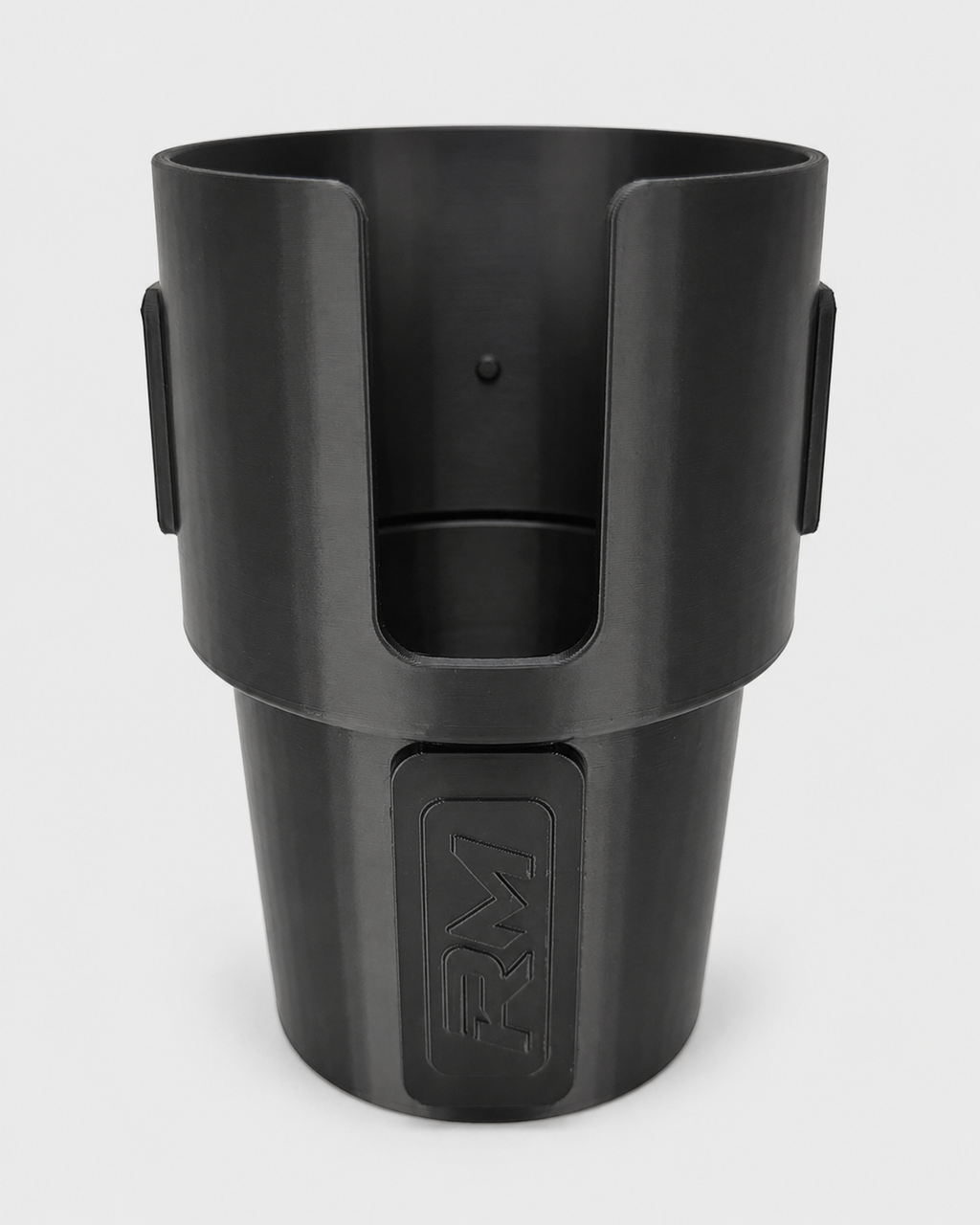 Front view of black RepRail universal boat cup holder with open front and RM branding