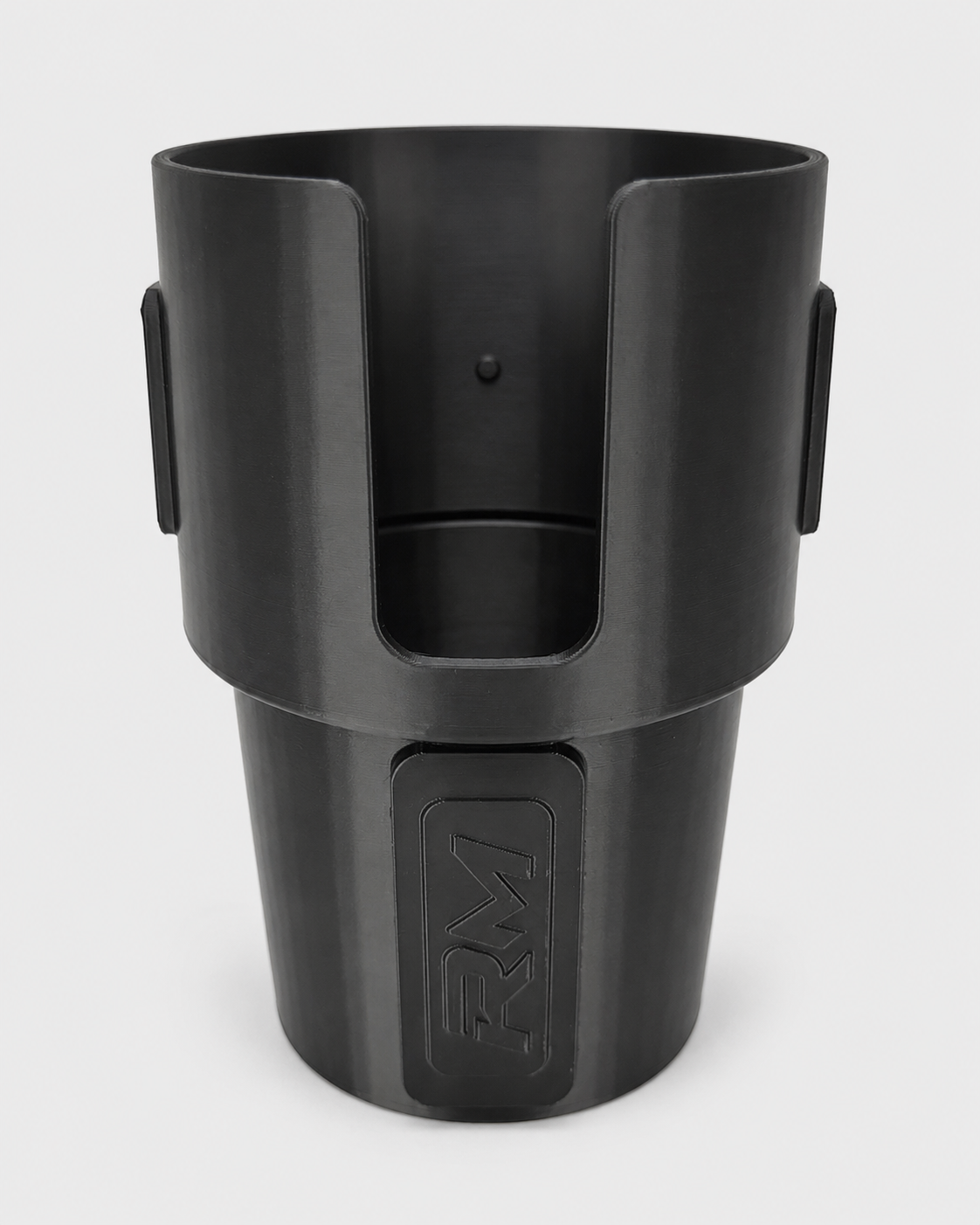 Front view of black RepRail universal boat cup holder with open front and RM branding