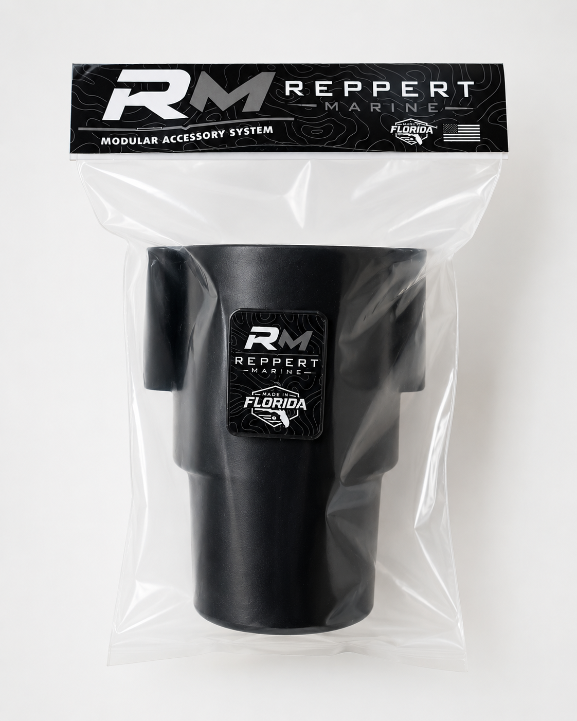 Black RepRail universal boat cup holder in retail packaging with Reppert Marine branding