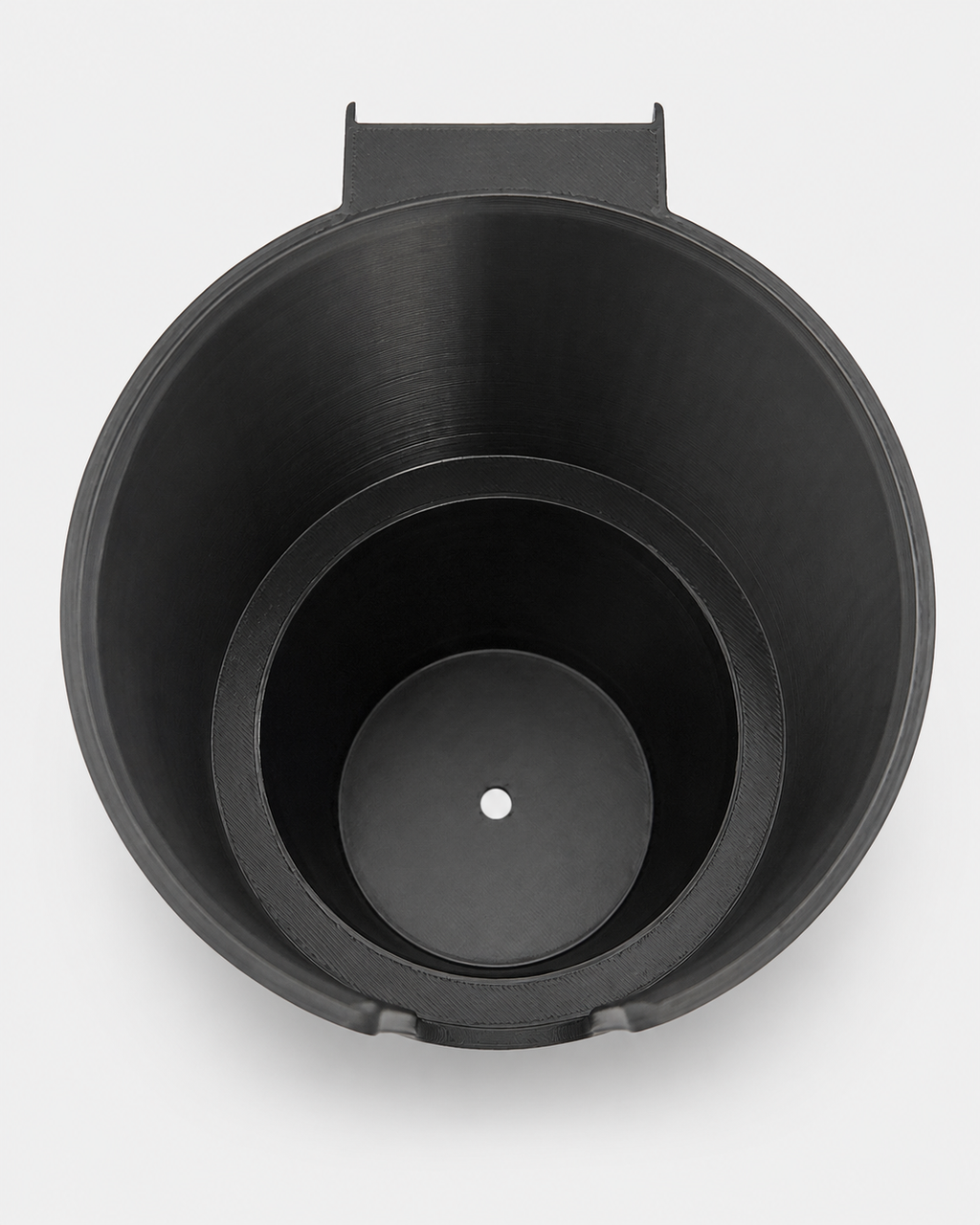 Top view of black RepRail universal boat cup holder showing open-front design and integrated drain