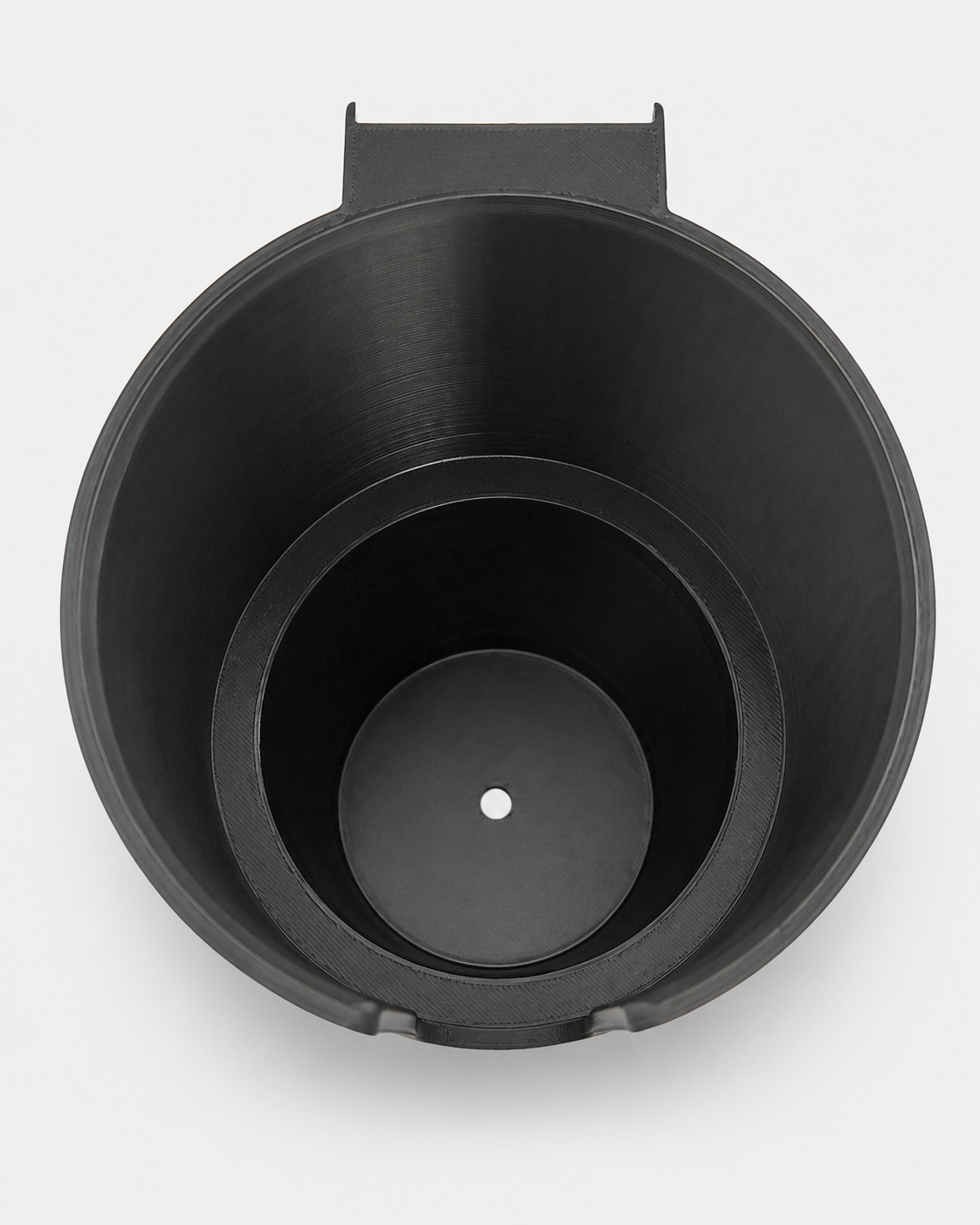 Top view of black RepRail universal boat cup holder showing open-front design and integrated drain