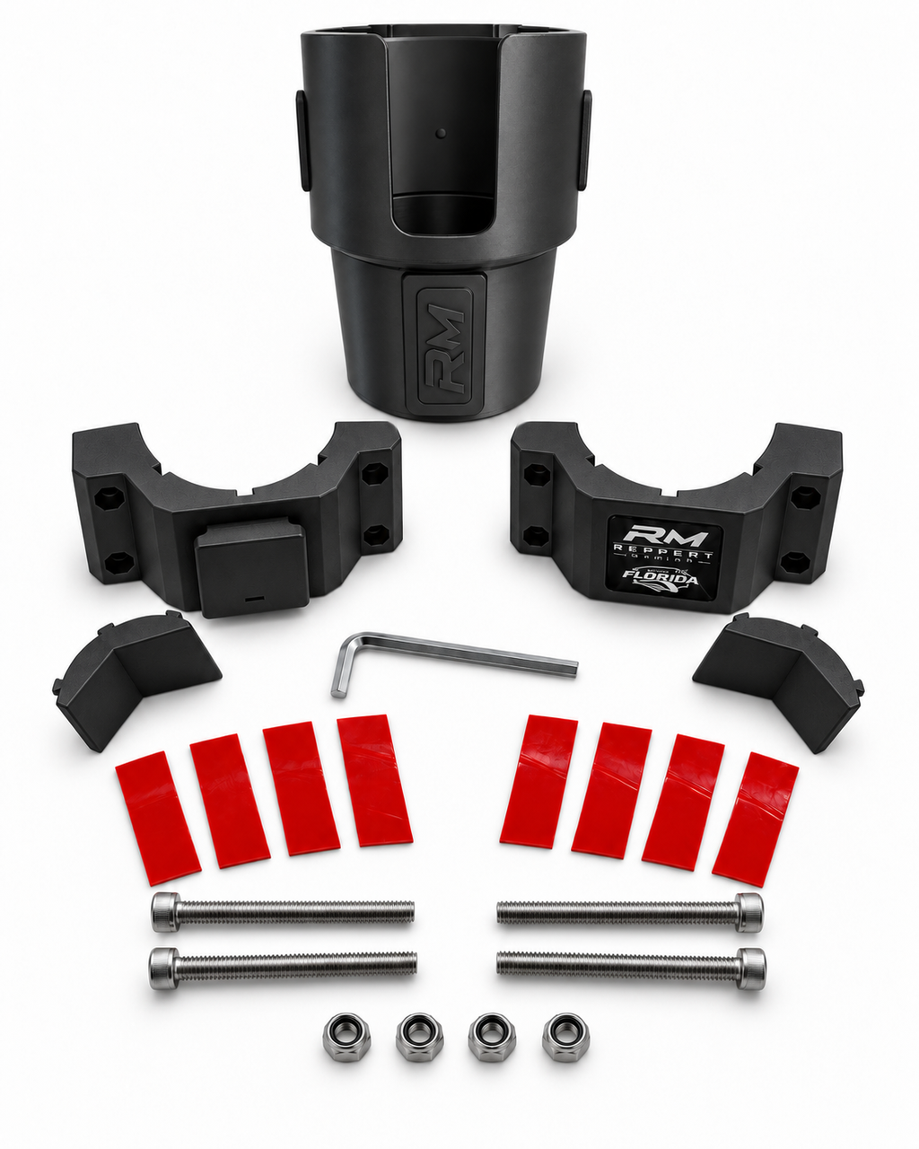 Black RepRail cupholder kit with RM1 Solo clamp, cupholder, V-jaws, hardware, grip strips and hex wrench