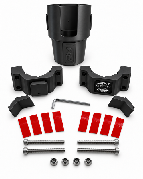 Black RepRail cupholder kit with RM1 Solo clamp, cupholder, V-jaws, hardware, grip strips and hex wrench