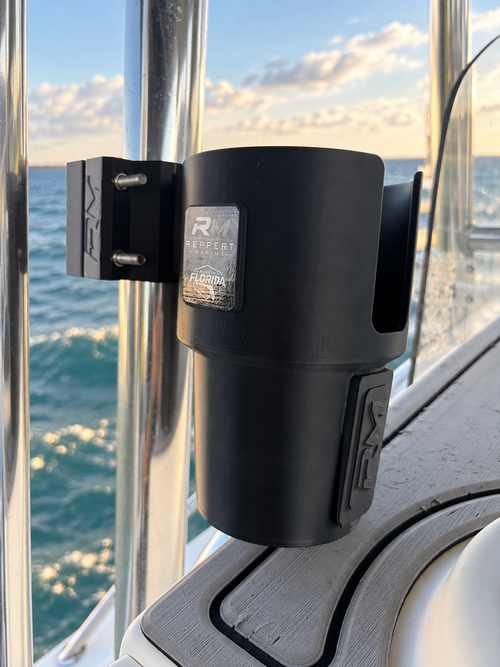 Black RepRail cupholder kit with RM1 Solo clamp installed on stainless T-top tubing