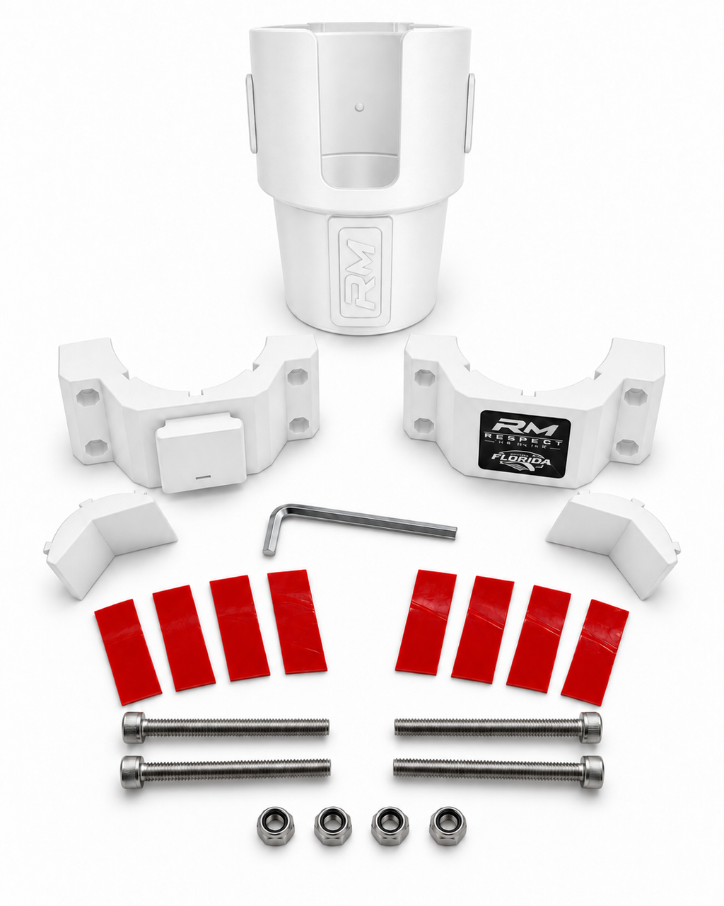 White RepRail cupholder kit with RM1 Solo clamp, cupholder, V-jaws, hardware, grip strips and hex wrench
