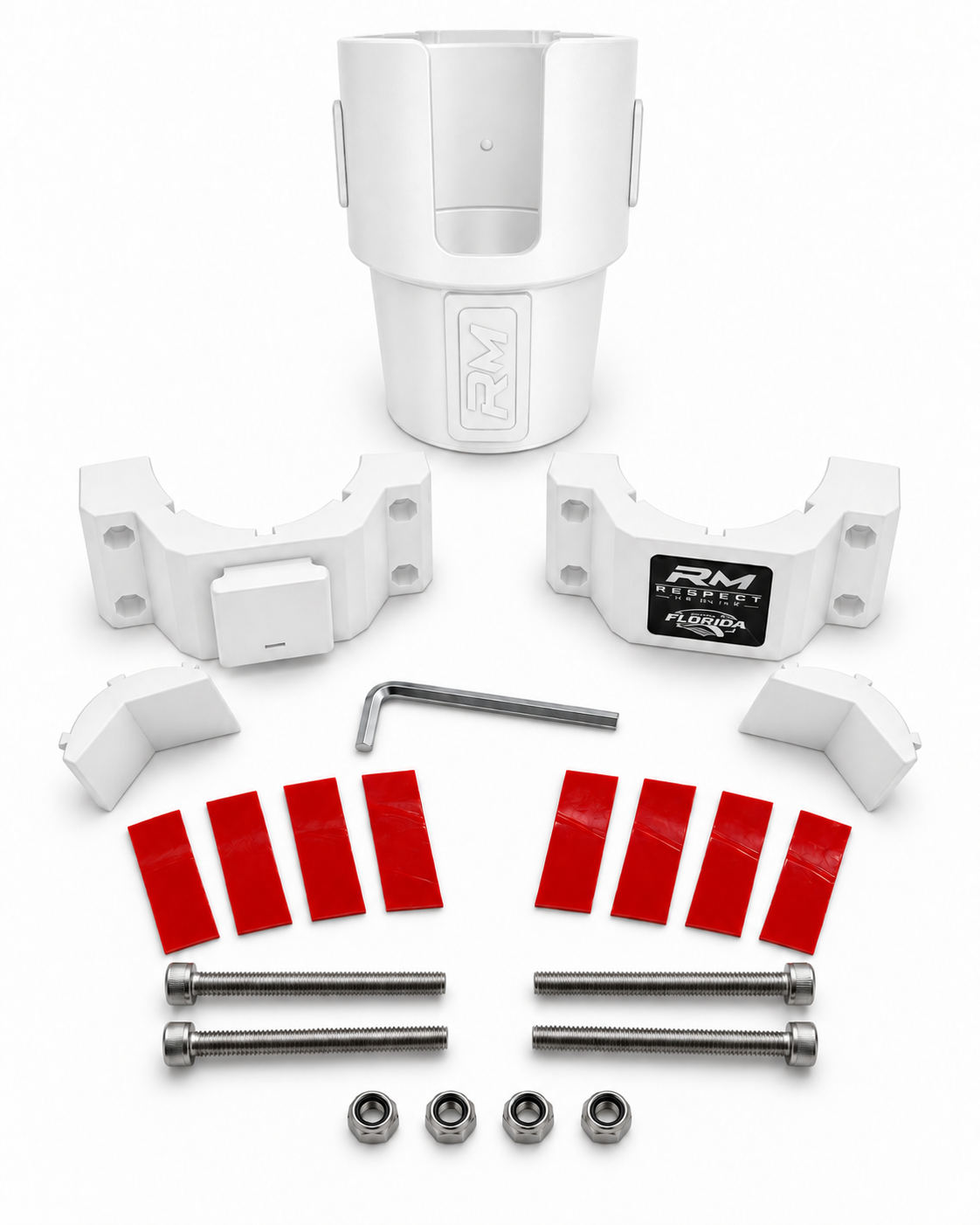 White RepRail cupholder kit with RM1 Solo clamp, cupholder, V-jaws, hardware, grip strips and hex wrench