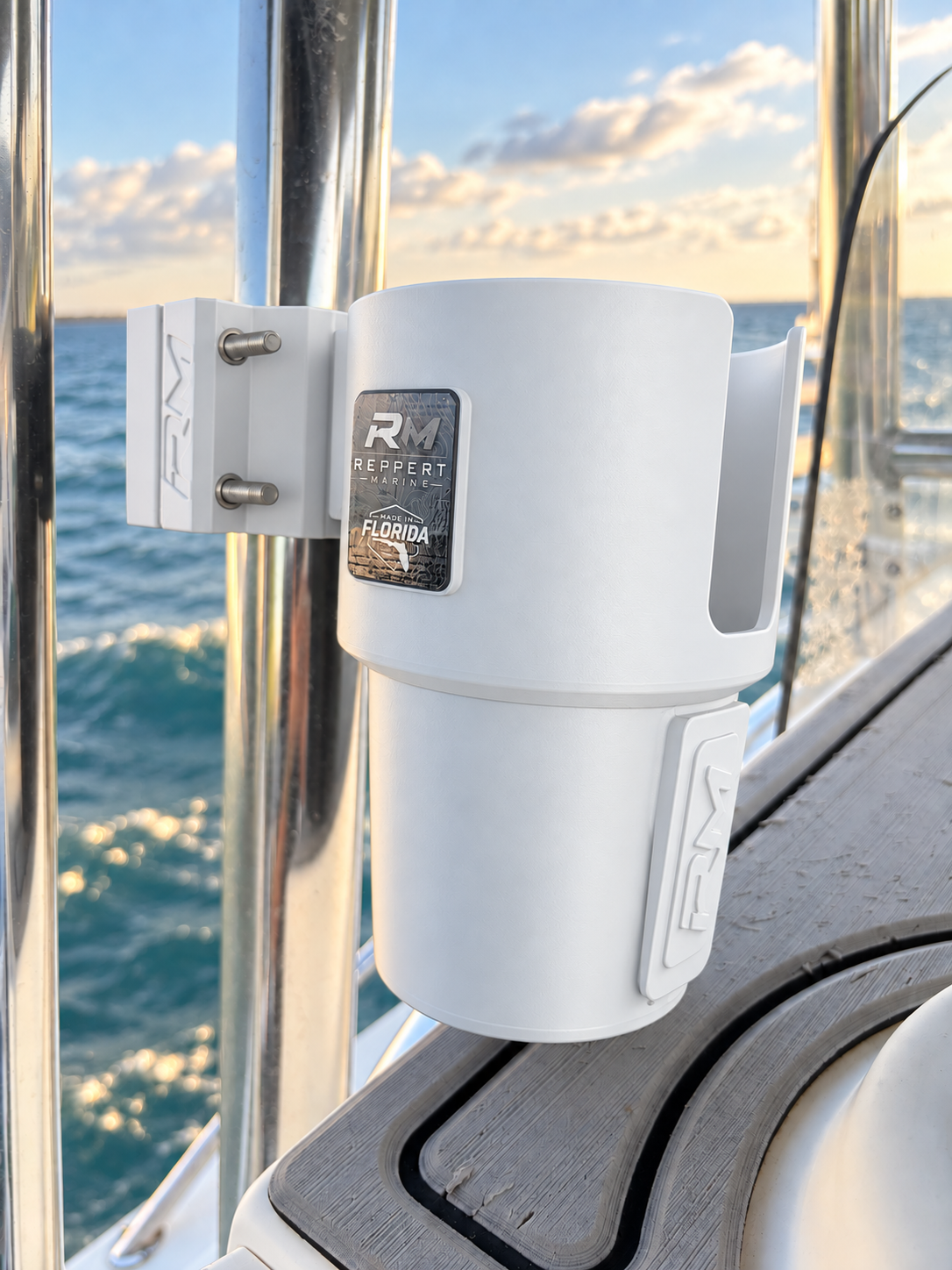 White RepRail cupholder kit with RM1 Solo clamp installed on stainless T-top tubing