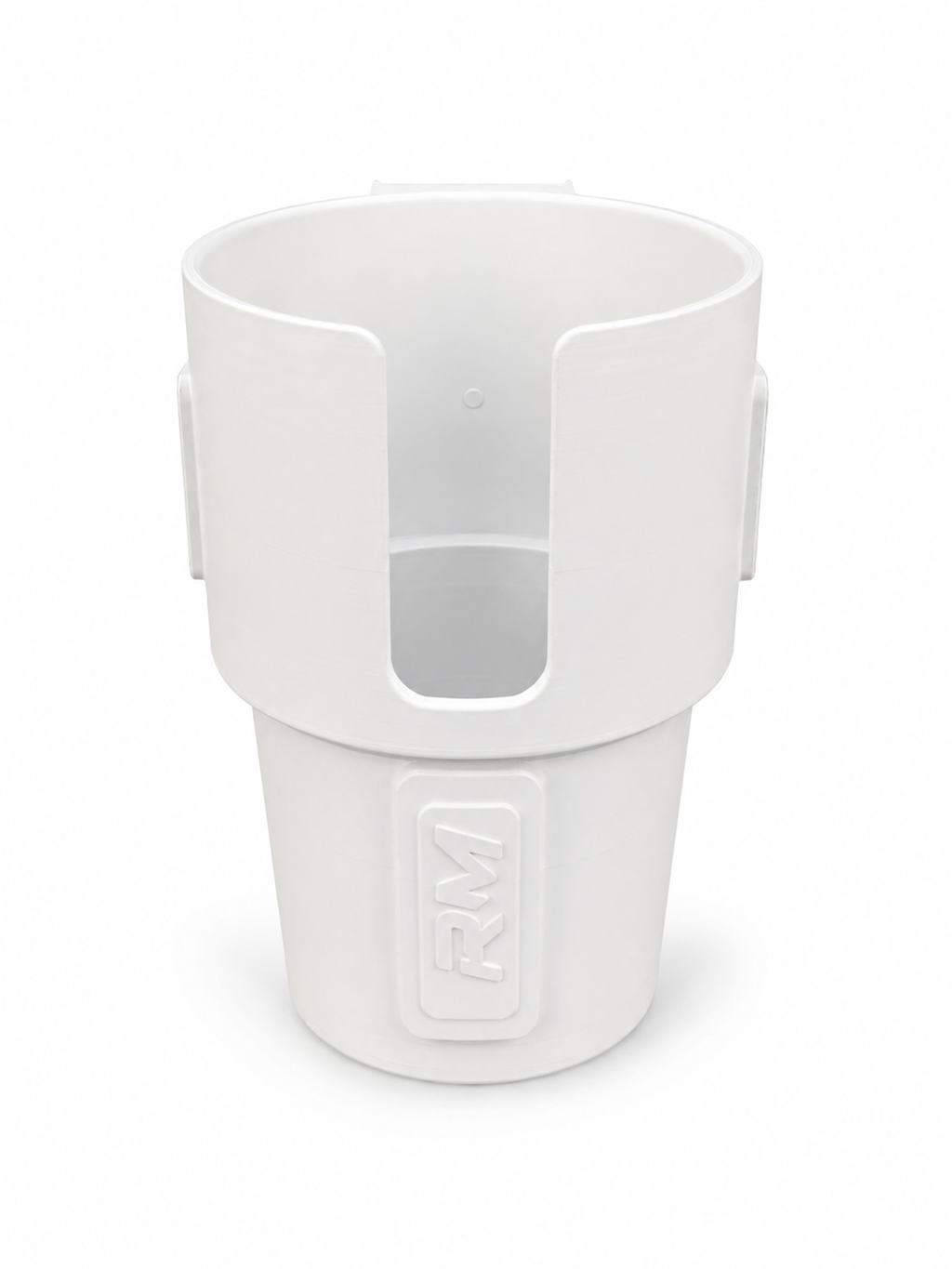 Front view of white RepRail universal boat cup holder with open-front design and RM branding