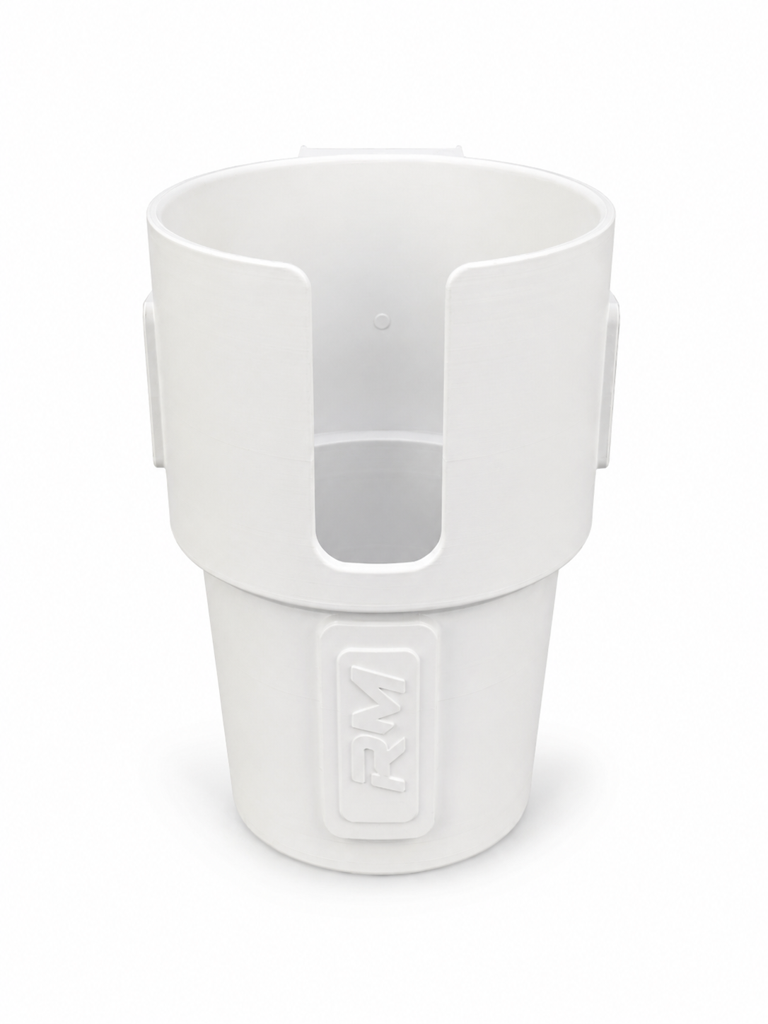 Front view of white RepRail universal boat cup holder with open-front design and RM branding