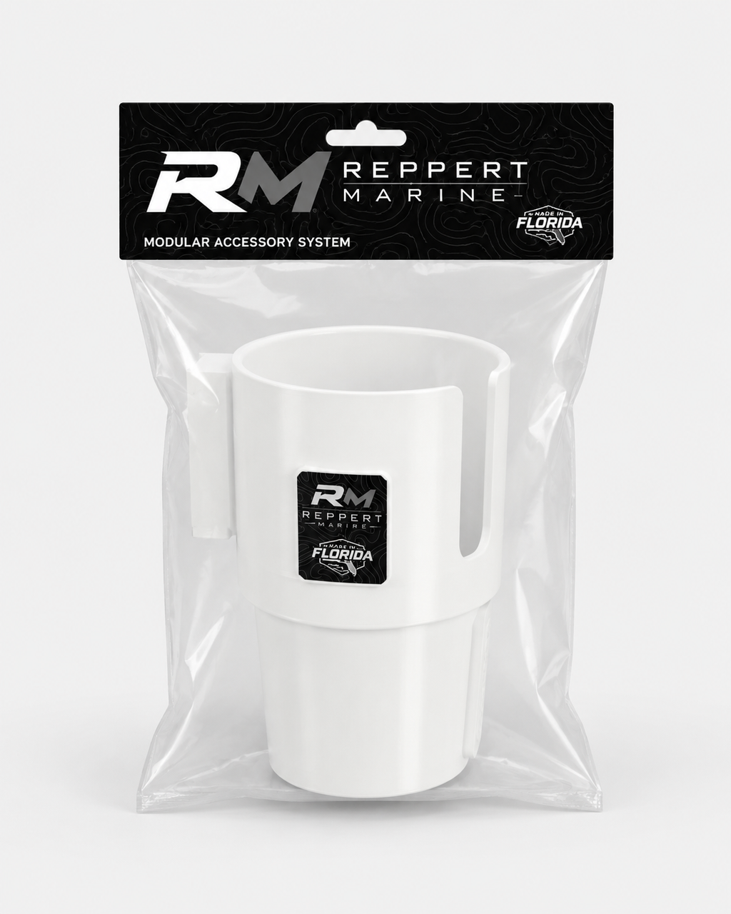 White RepRail universal boat cup holder in retail packaging with Reppert Marine branding