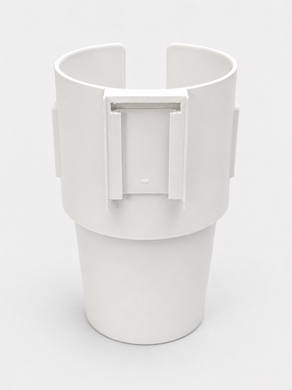 Rear view of white RepRail universal boat cup holder showing the rear mounting interface