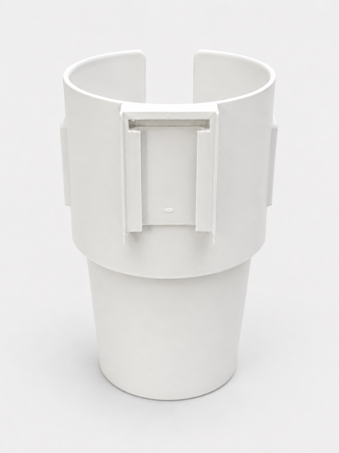 Rear view of white RepRail universal boat cup holder showing the rear mounting interface