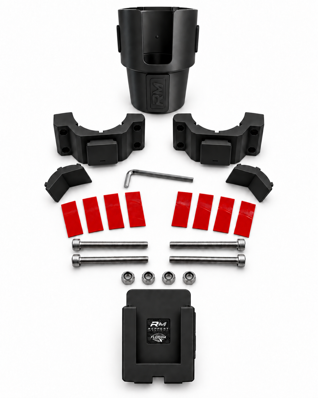 Black RepRail Dual Helm Kit with RM1 Dual clamp, cupholder, phone holder, V-jaws, hardware, grip strips and hex wrench