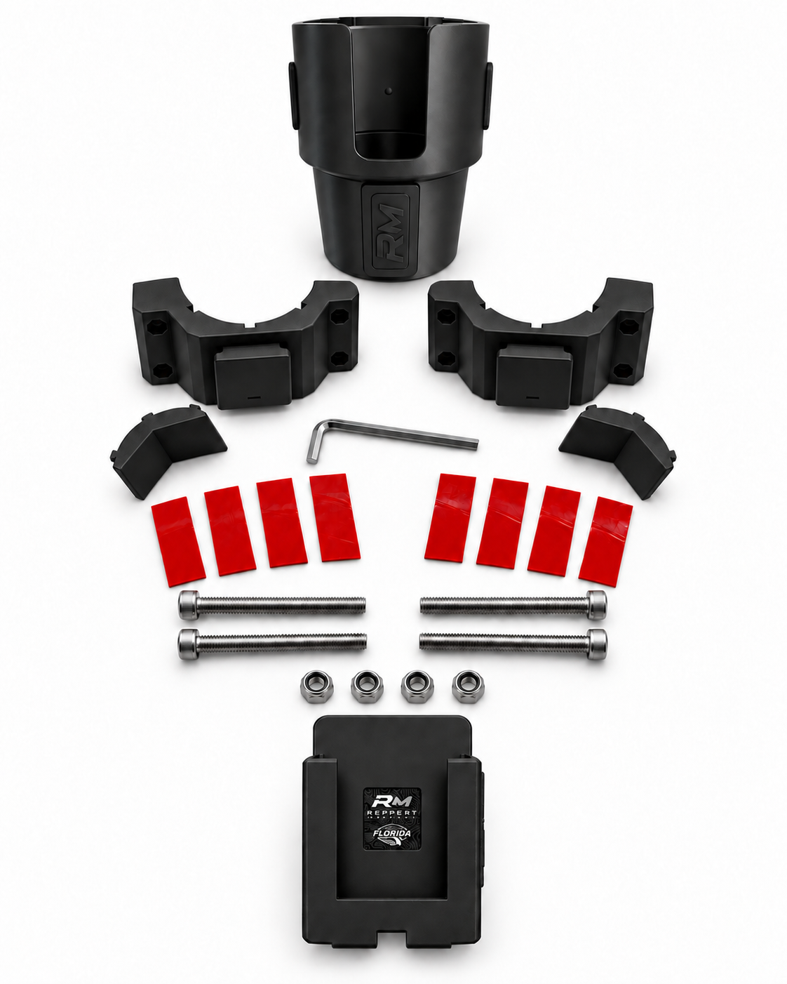 Black RepRail Dual Helm Kit with RM1 Dual clamp, cupholder, phone holder, V-jaws, hardware, grip strips and hex wrench