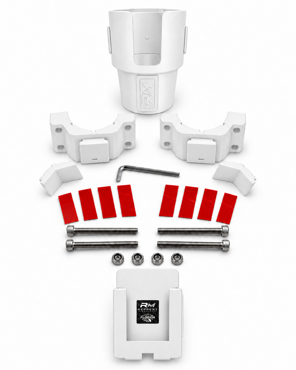 White RepRail Dual Helm Kit with RM1 Dual clamp, cupholder, phone holder, V-jaws, hardware, grip strips and hex wrench