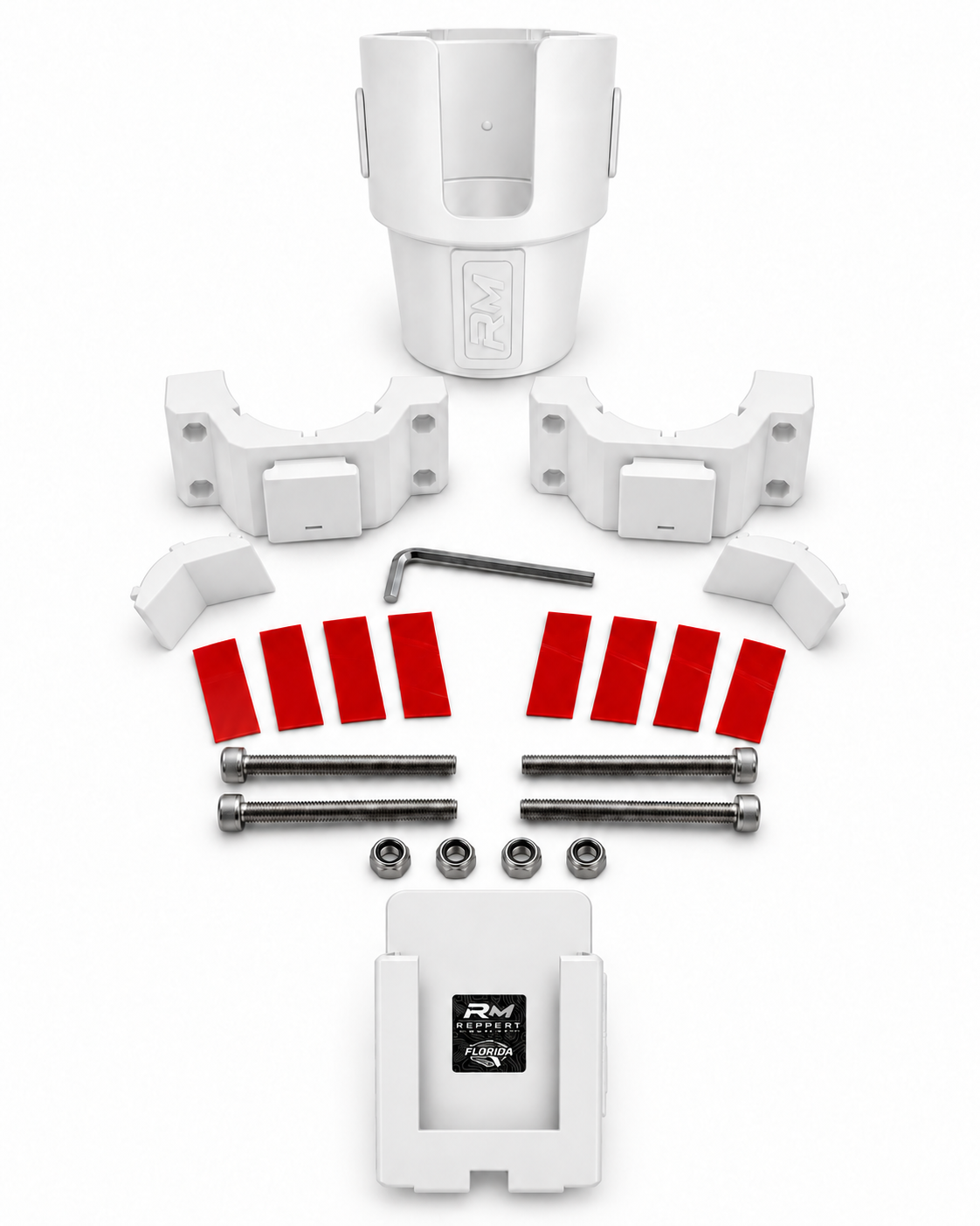 White RepRail Dual Helm Kit with RM1 Dual clamp, cupholder, phone holder, V-jaws, hardware, grip strips and hex wrench
