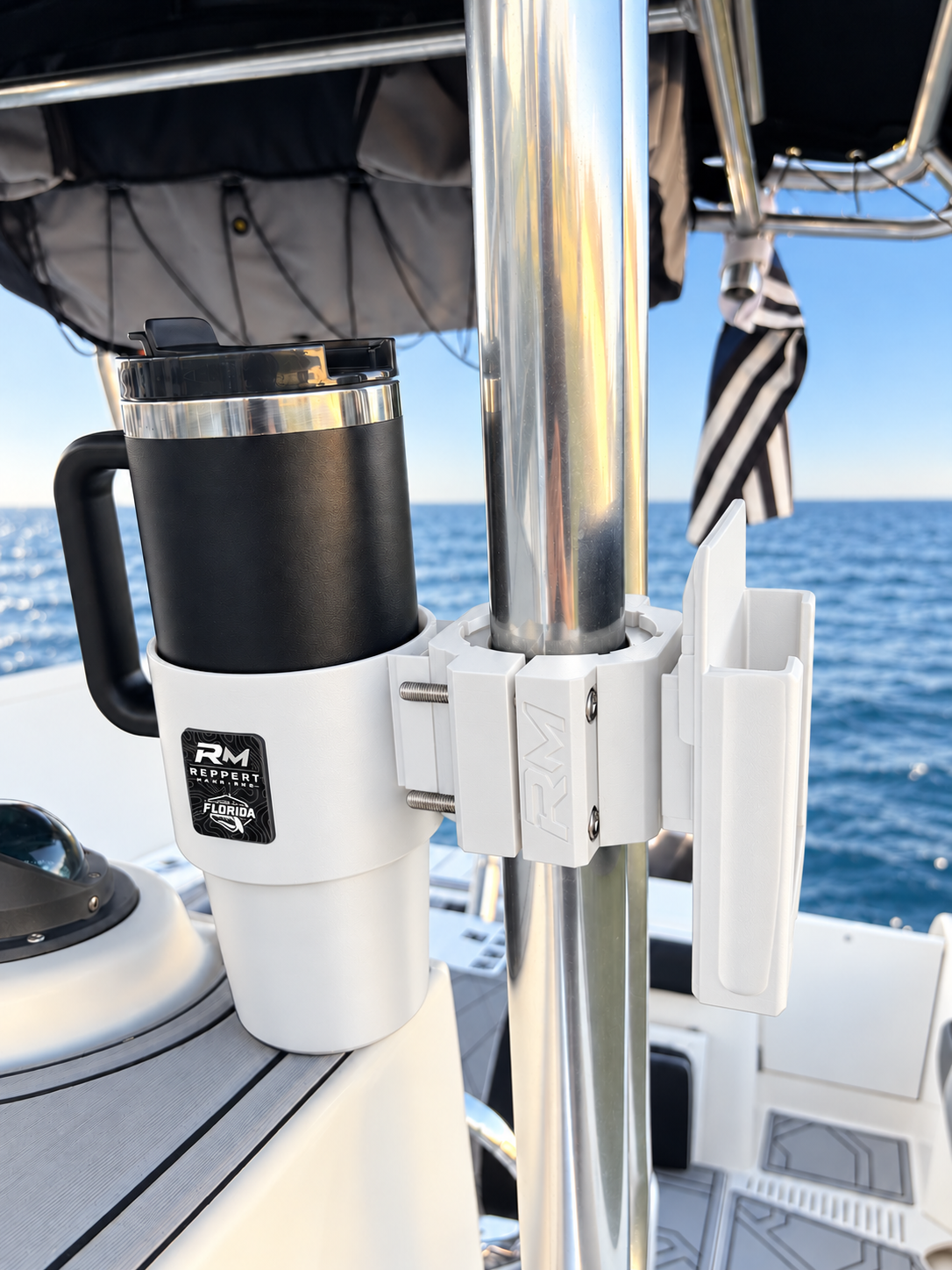 White RepRail Dual Helm Kit with RM1 Dual clamp, cupholder and phone holder installed on stainless T-top tubing