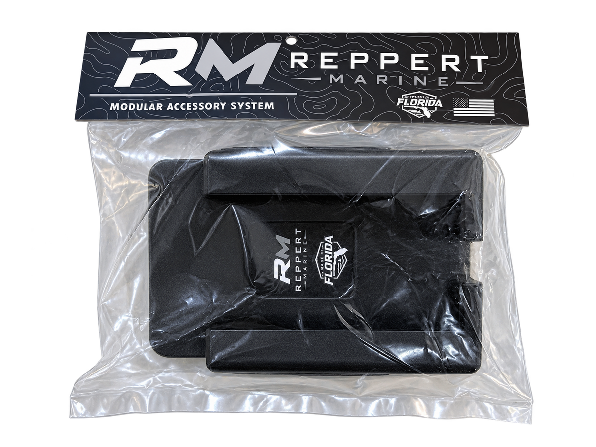 Black RepRail universal boat phone holder in retail packaging with Reppert Marine branding