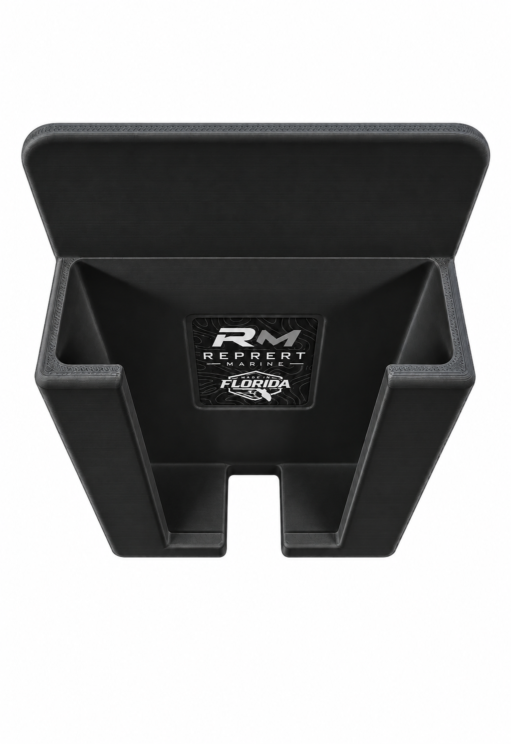Top front view of black RepRail universal boat phone holder showing open cradle and charging access