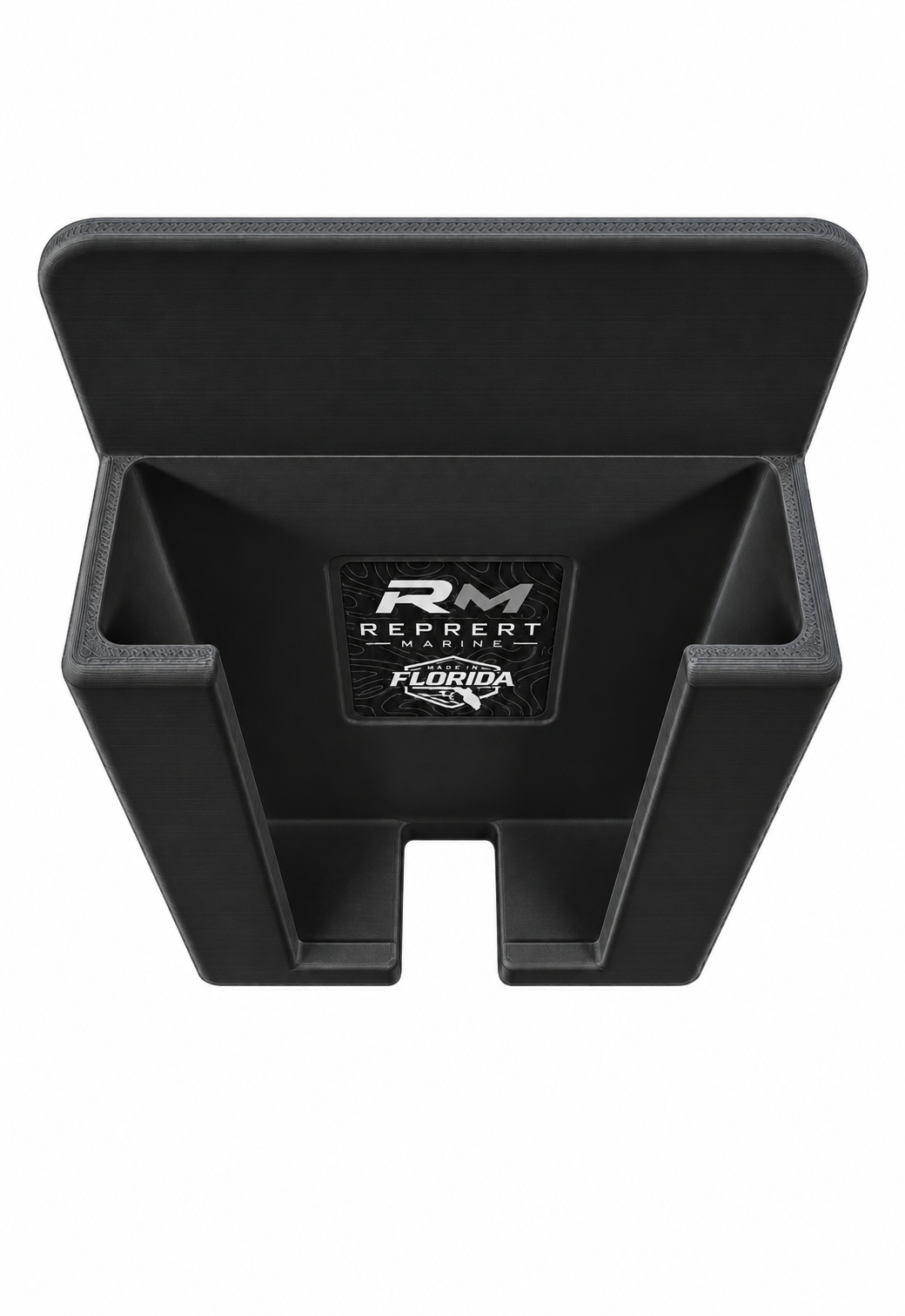 Top front view of black RepRail universal boat phone holder showing open cradle and charging access