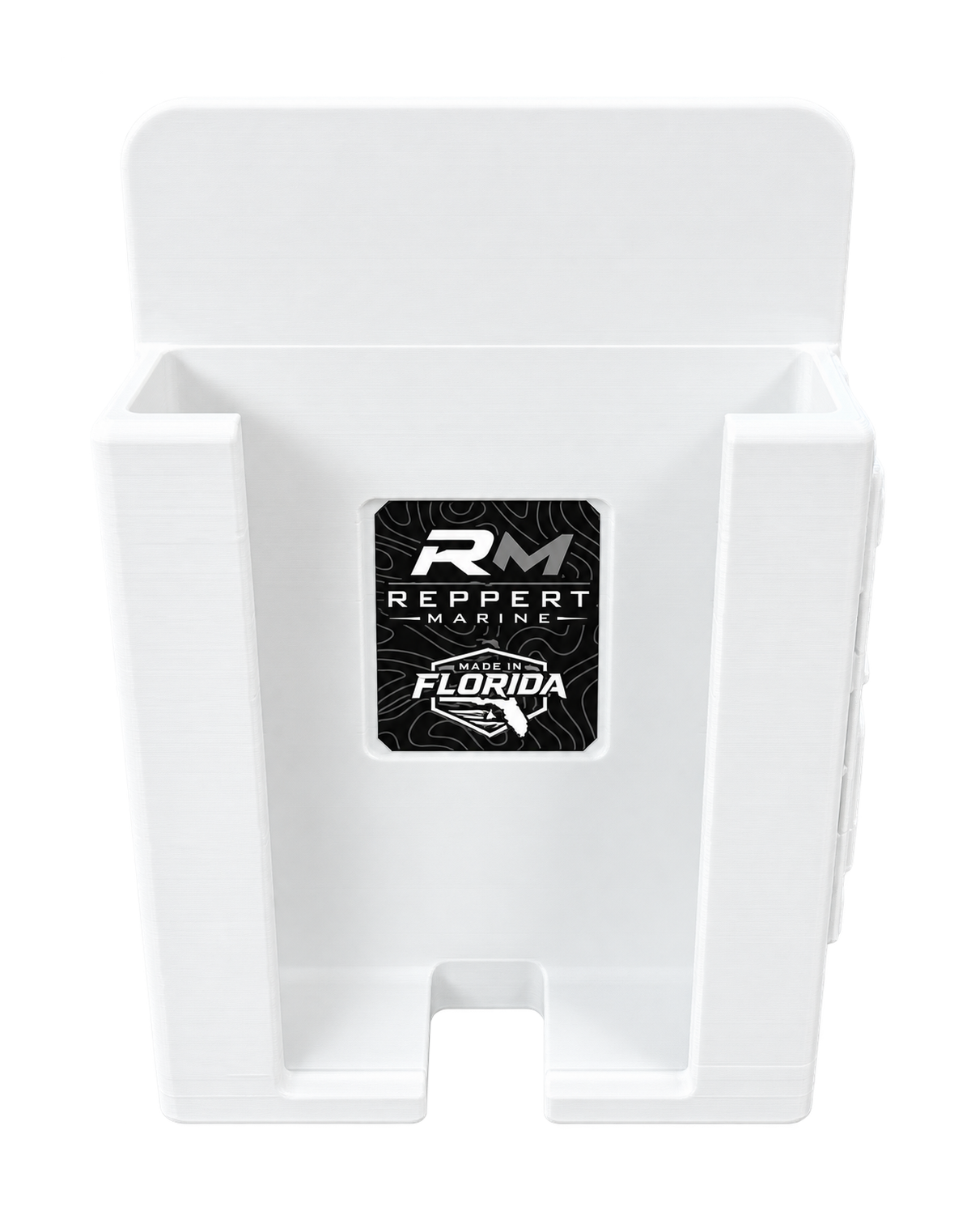 Front view of white RepRail universal boat phone holder with RM branding