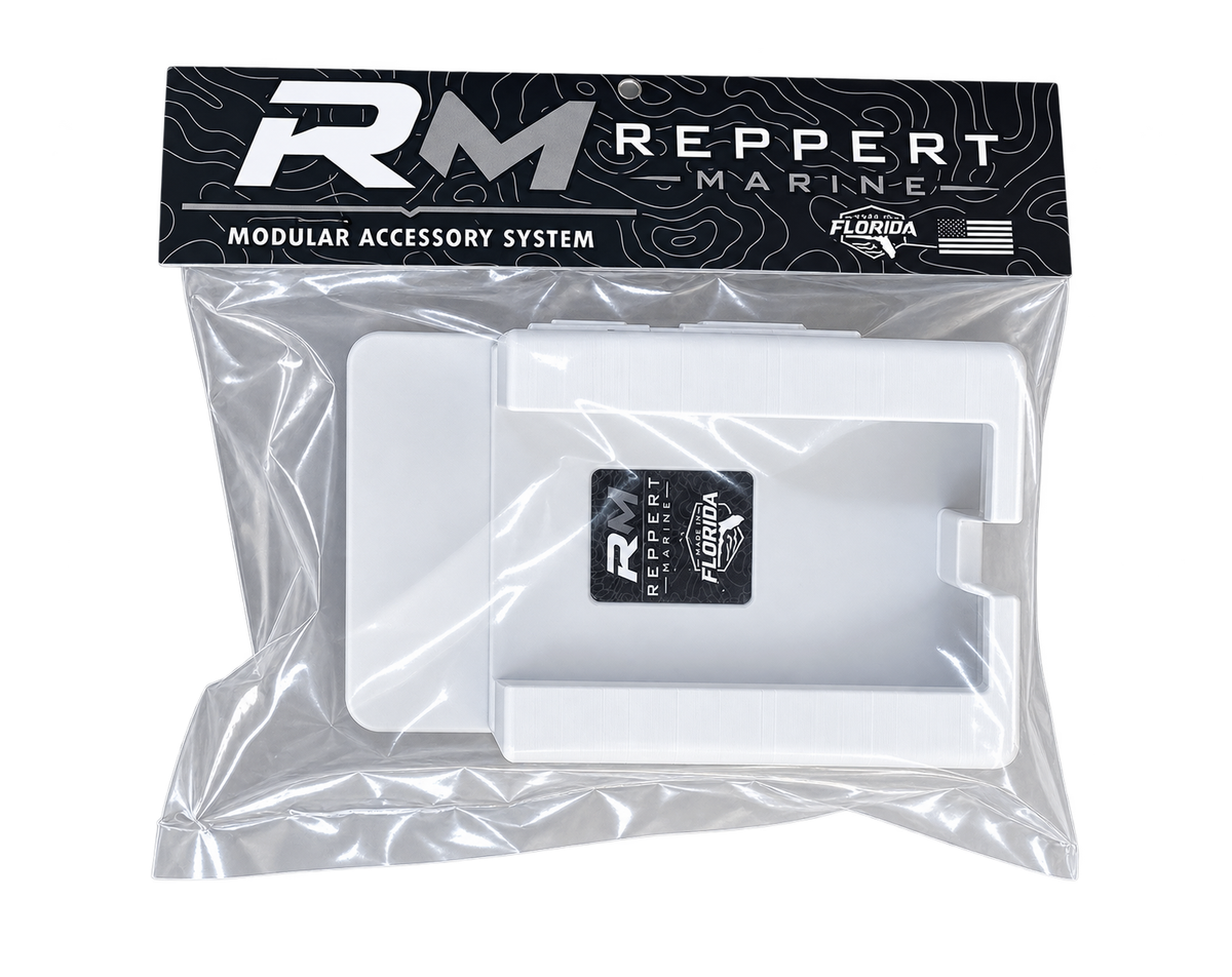 White RepRail universal boat phone holder in retail packaging with Reppert Marine branding
