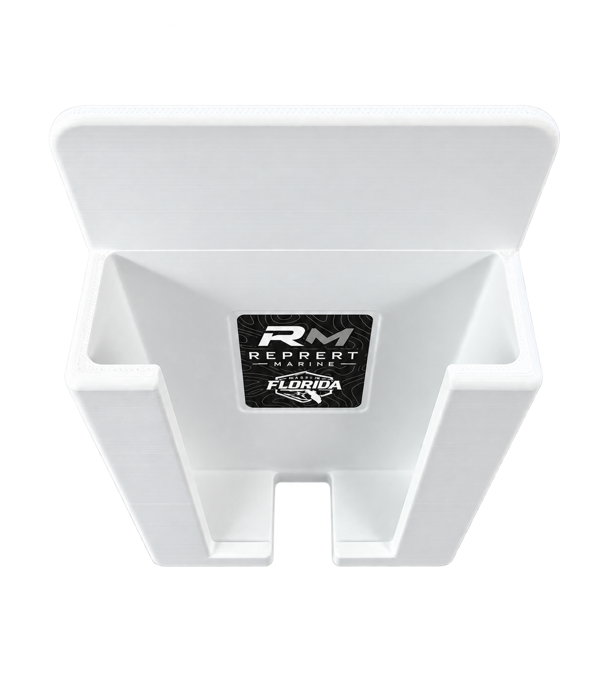 Top view of white RepRail universal boat phone holder showing open cradle and charging access