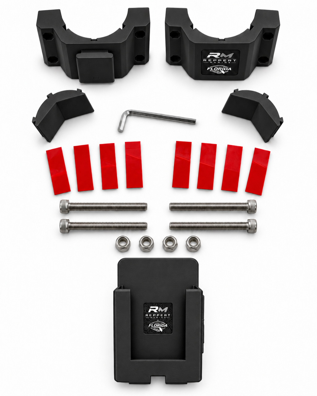 Black RepRail phone mount kit with RM1 Solo clamp, phone holder, V-jaws, hardware, grip strips and hex wrench