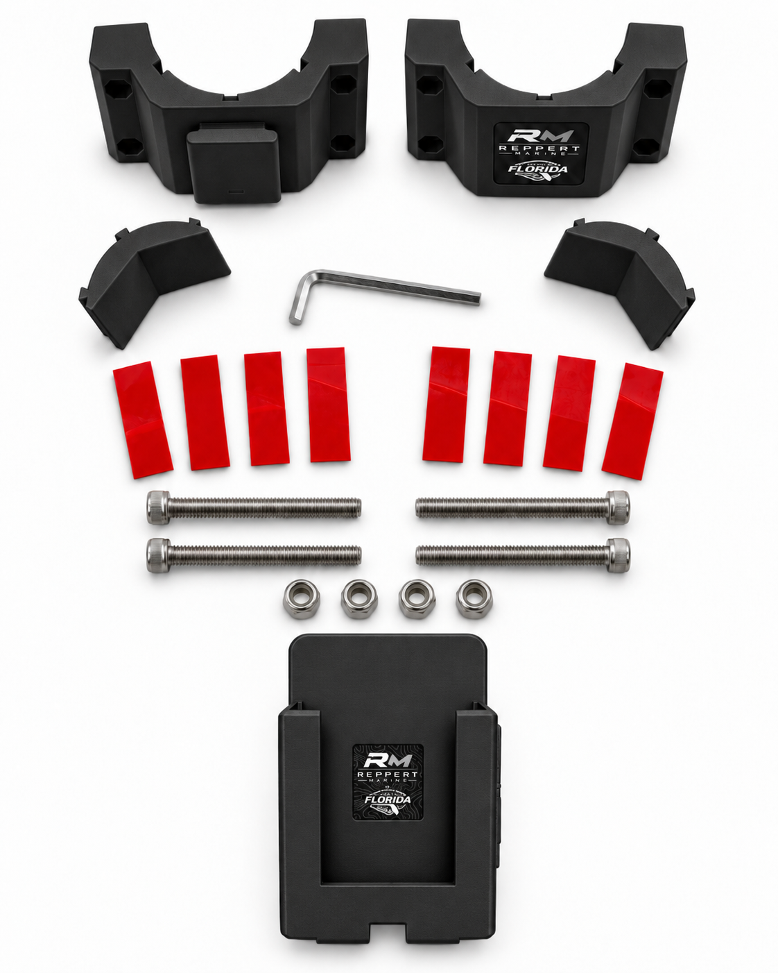 Black RepRail phone mount kit with RM1 Solo clamp, phone holder, V-jaws, hardware, grip strips and hex wrench