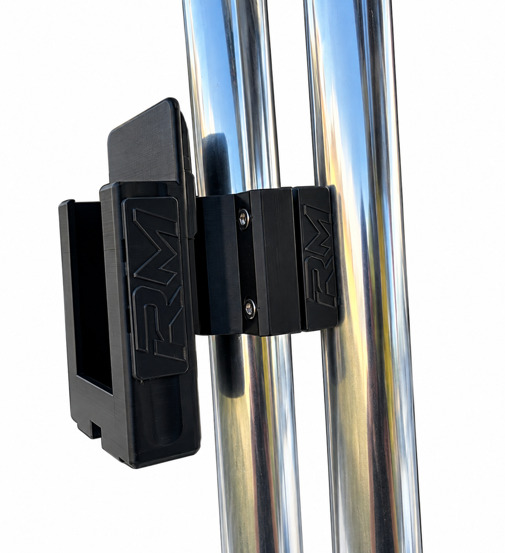 Black RepRail phone mount kit with RM1 Solo clamp installed on stainless T-top tubing