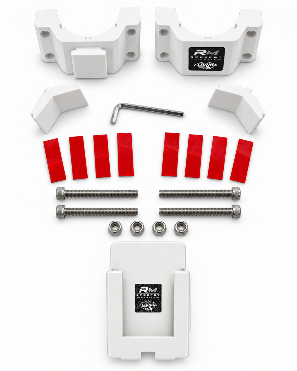 White RepRail phone mount kit with RM1 Solo clamp, phone holder, V-jaws, hardware, grip strips and hex wrench