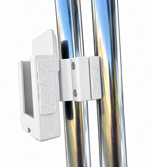 White RepRail phone mount kit with RM1 Solo clamp installed on stainless T-top tubing