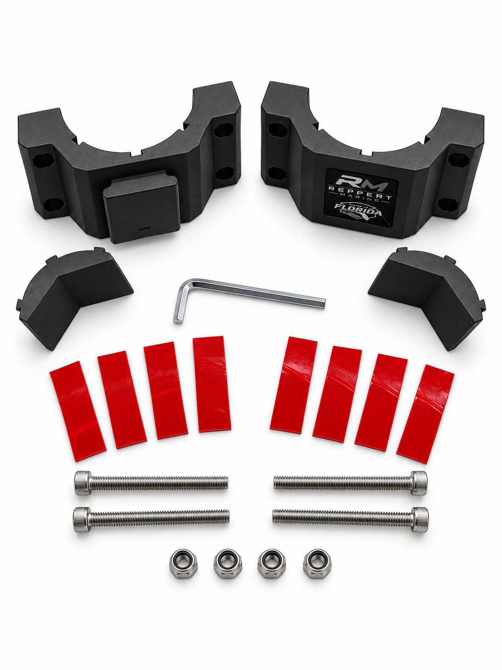 Black RepRail RM1 Solo boat rail clamp kit with V-jaws, hardware, grip strips and hex wrench