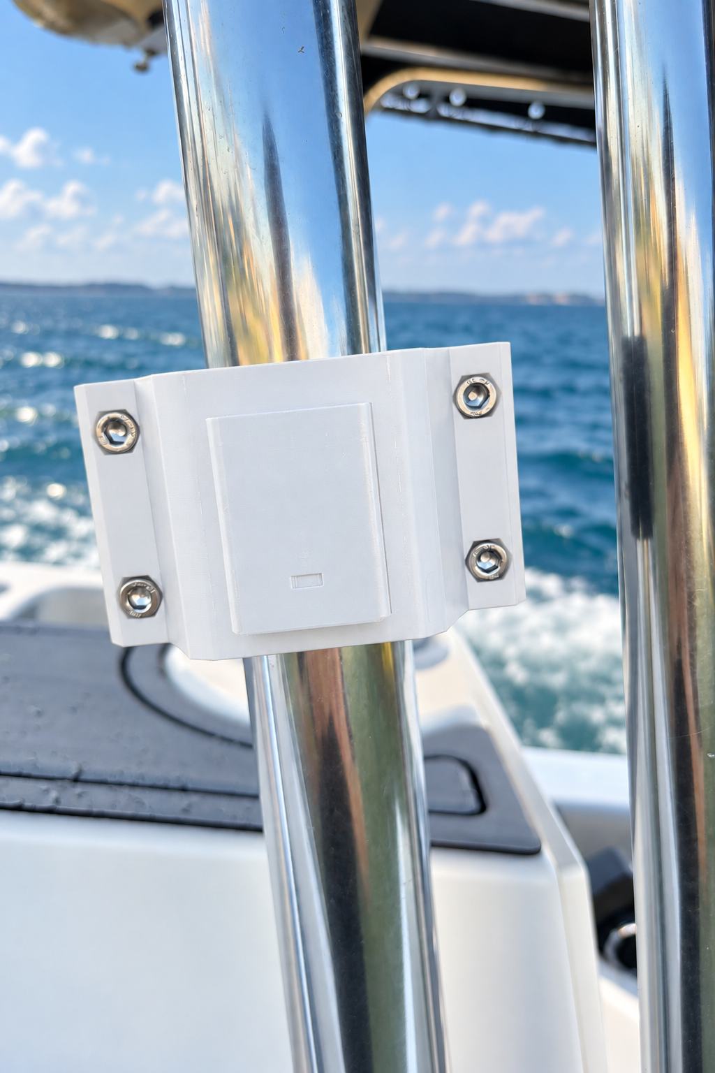 White RepRail RM1 Solo boat rail clamp installed on stainless T-top tubing