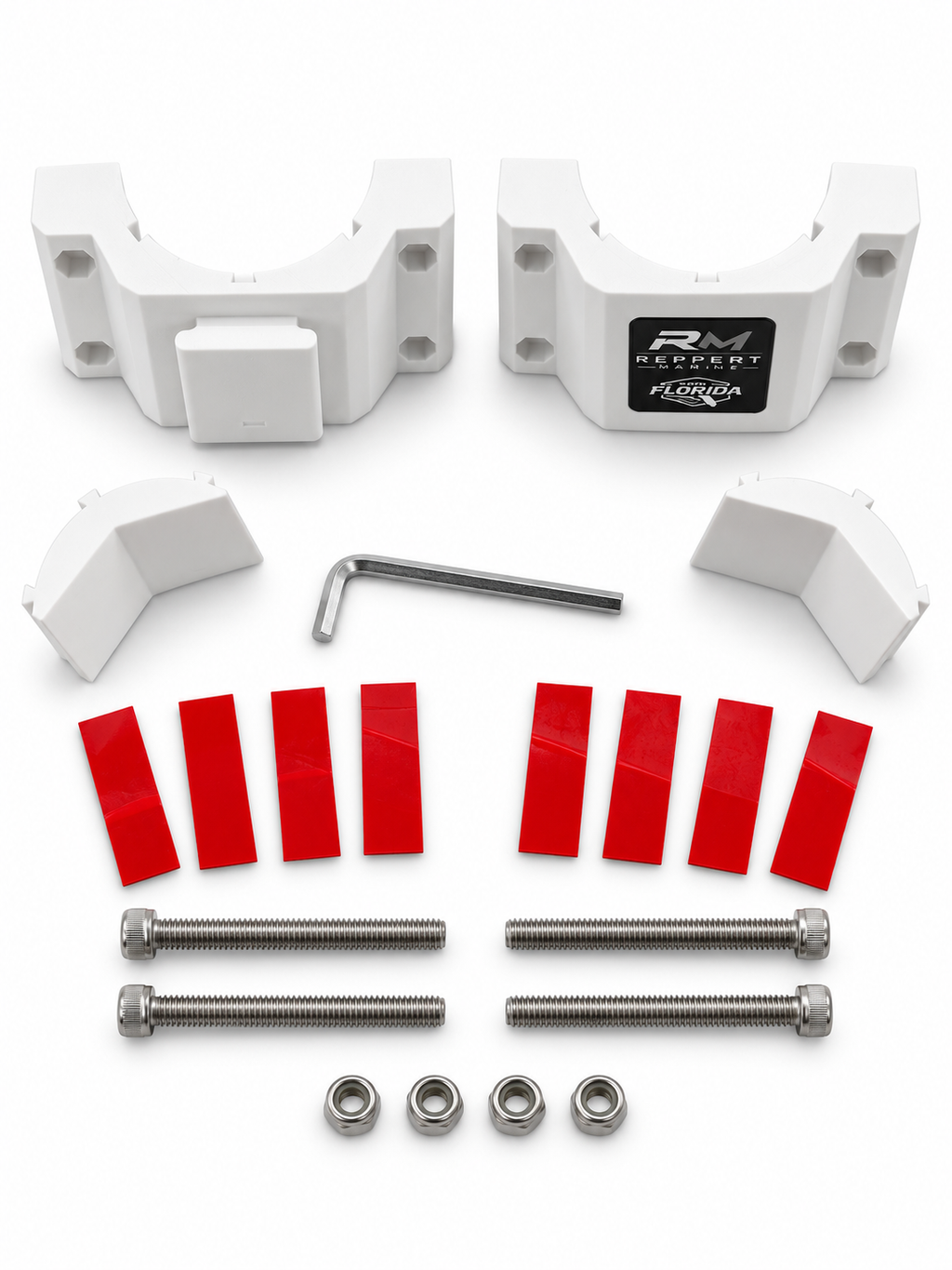 White RepRail RM1 Solo boat rail clamp kit with V-jaws, hardware, grip strips and hex wrench